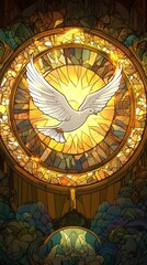 A stained glass window with a white dove in the center, a golden background, and light emanating from the circle around it