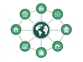 Green network illustration with interconnected sustainable home icons
