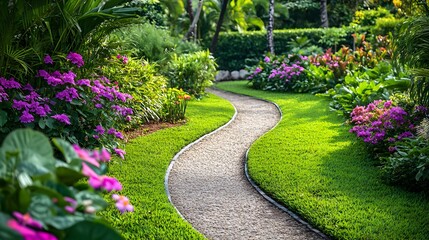 A curved garden path lined with fragrant flowers and lush