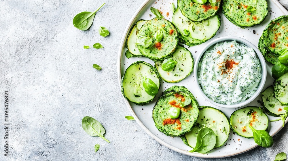 Poster a white plate with cucumber slices on top and a dip in a small bowl, surrounded by more cucumbers