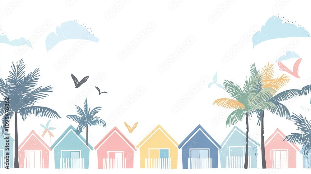 Poster a row of beach huts with palm trees and a bird flying overhead in the background