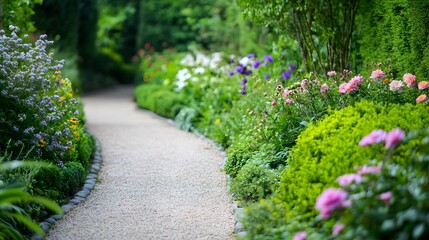 Fototapeta premium A curved garden path lined with fragrant flowers and lush