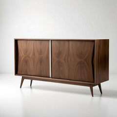 A walnut credenza with sliding doors and slim tapered legs, showcased on a stark white backdrop.