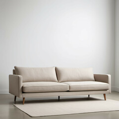A sleek, neutral-toned linen sofa with slim wooden legs, placed against a white backdrop.