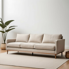 A sleek, neutral-toned linen sofa with slim wooden legs, placed against a white backdrop.