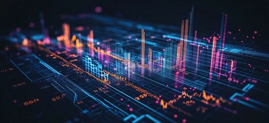 Naklejka premium Abstract digital cityscape, vibrant colors, data visualization, technological progress