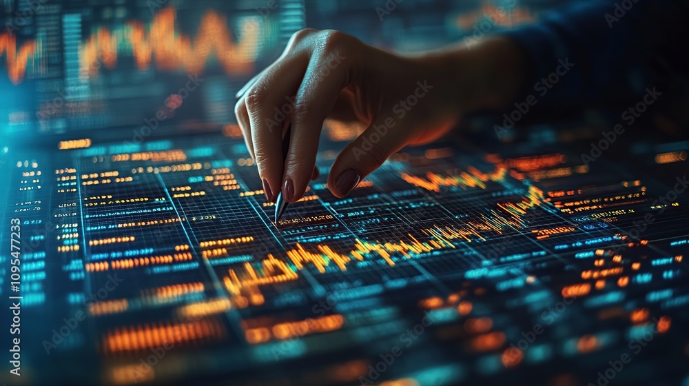 Poster analyzing data: a close-up of a hand interacting with a digital interface displaying complex financi