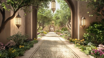 Fototapeta premium Luxurious Arabian Outdoor Pathway in 3D Render - Traditional Lanterns, Colorful Plants, Decorative Tiles in Modern Islamic Design