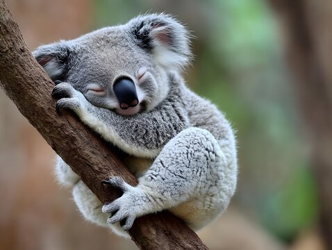 A cute koala bear sleeping on a branch