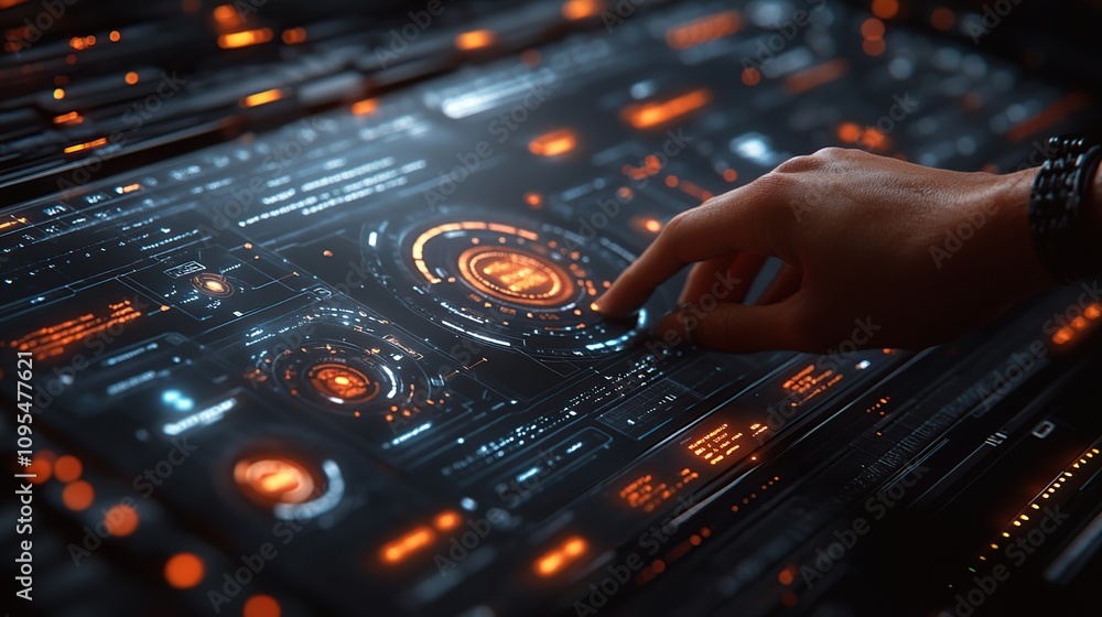 Aufkleber futuristic tech interface: hand interacting with advanced digital display
