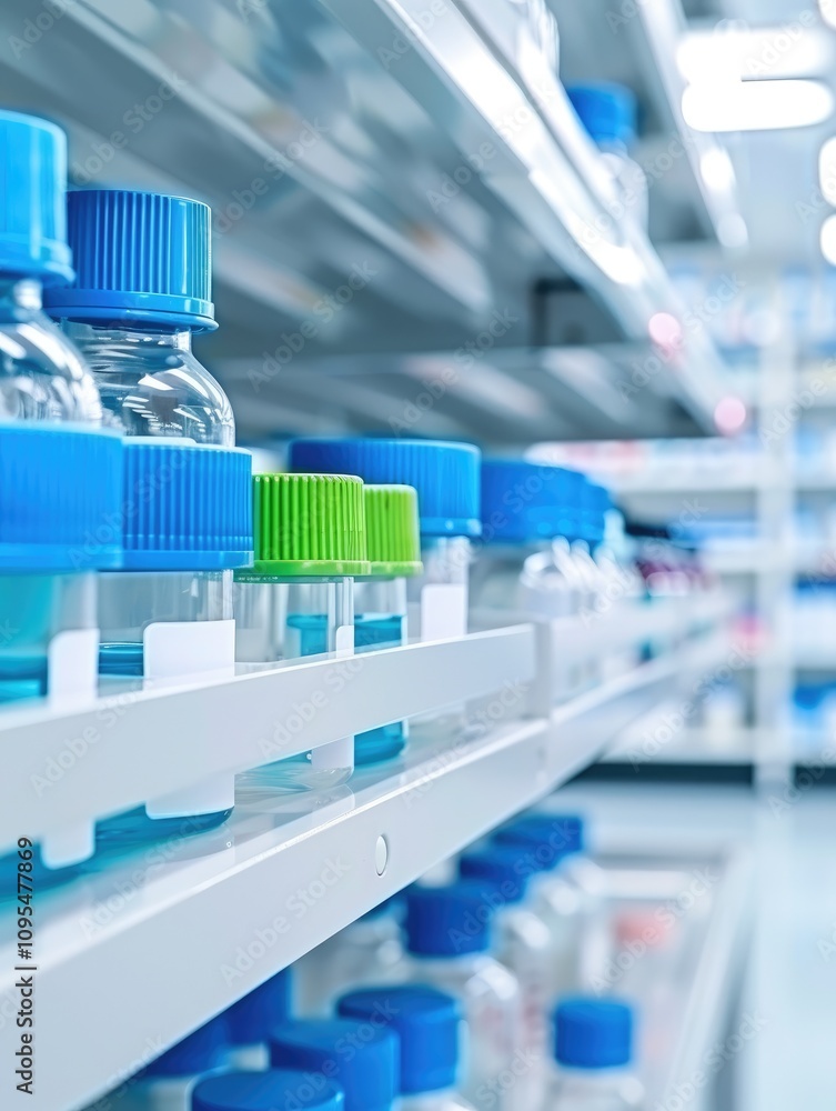 Poster a close-up view of laboratory bottles with colorful caps on shelves, showcasing a clean and organize