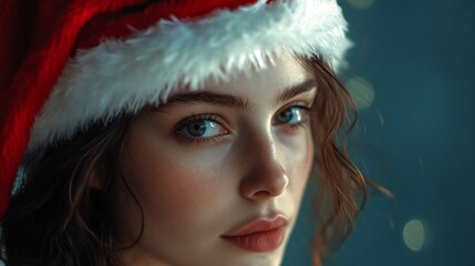 Beautiful woman wearing santa hat gazing into distance during christmas time