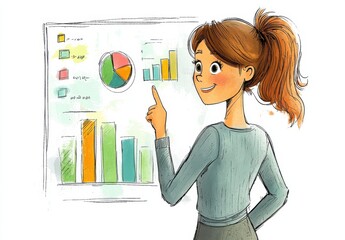 Animated woman presenting data on a whiteboard with colorful charts