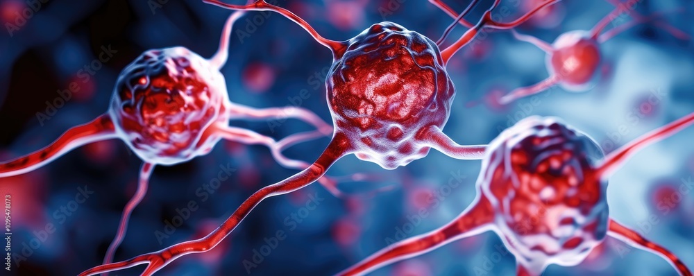 Poster a close-up view of neurons with intricate connections, showcasing vibrant red and blue colors, symbo