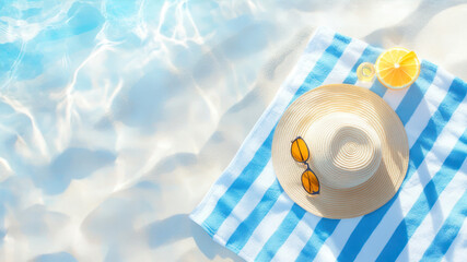 Bright Summer Day on a Blue and White Striped Beach Towel With Refreshing Citrus and Sunglasses by the Water's Edge