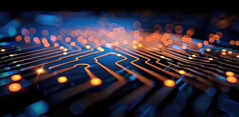 Obraz premium A vibrant, close-up view of a circuit board featuring glowing traces and lights, showcasing technology and innovation in a digital landscape.
