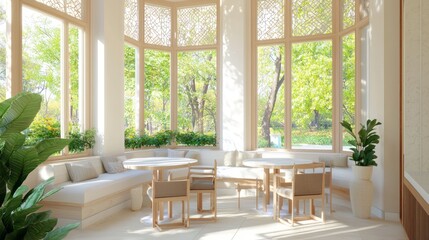 Obraz premium Luxurious Modern Arabian Islamic Interior Design 3D Render of Inviting Breakfast Nook in Modern Kitchen with Large Windows and Comfortable Seating