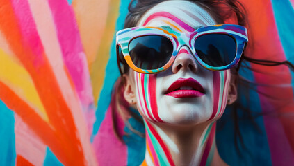 Vibrant woman with multicolored face paint and oversized sunglasses at an artistic festival setting