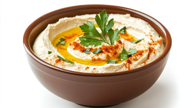 A bowl of creamy hummus garnished with olive oil, paprika, and a sprinkle of parsley