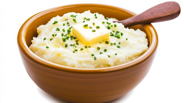 A bowl of creamy mashed potatoes topped with a pat of melting butter and a sprinkle of chives, Each spoonful offering a smooth and rich texture, A comforting side dish that's perfect for any meal
