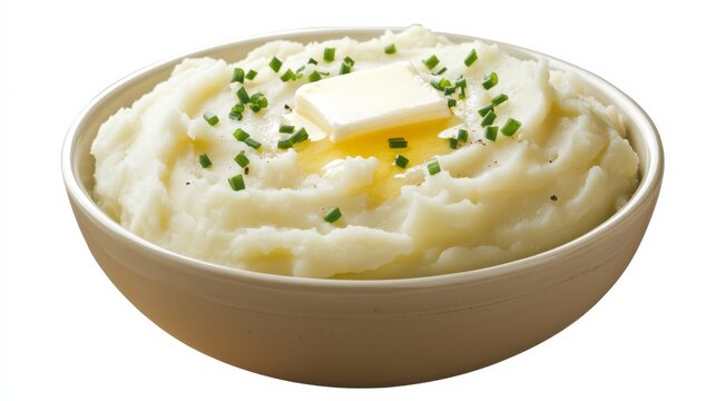 A bowl of creamy mashed potatoes topped with a pat of melting butter and a sprinkle of chives, Each spoonful offering a smooth and rich texture, A comforting side dish that's perfect for any meal - Powered by Adobe