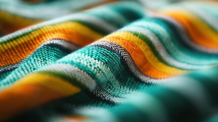   Multicolored blanket with black, white, yellow, and green stripes in focus