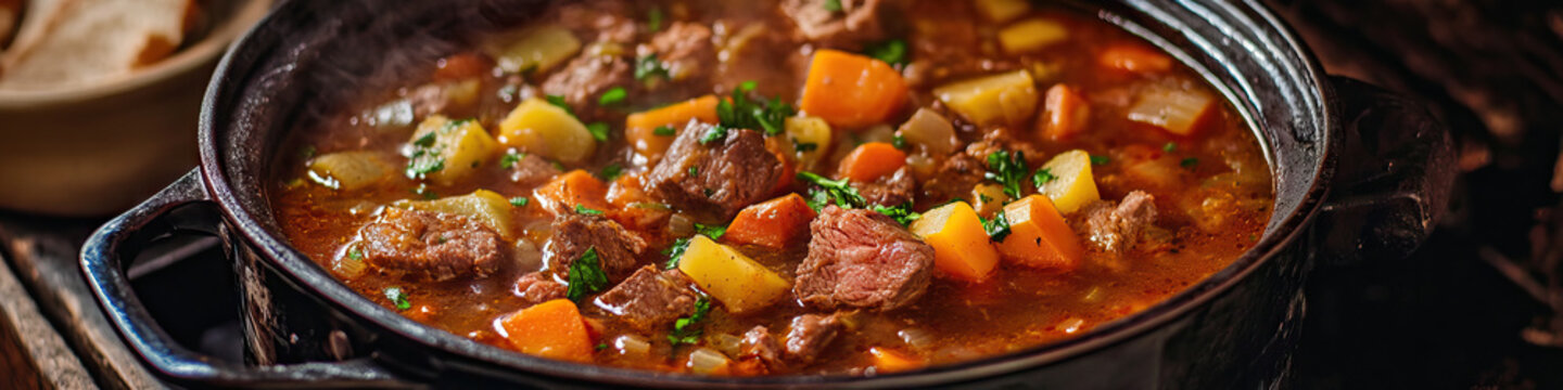 A bubbling pot of beef stew, with tender vegetables and hunks of meat, on a worn enamel potbelly stove in a rustic kitchen.
