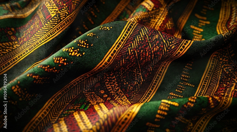 Aufkleber a close-up of a green and gold tie with a design at its base and a gold and red design on its base