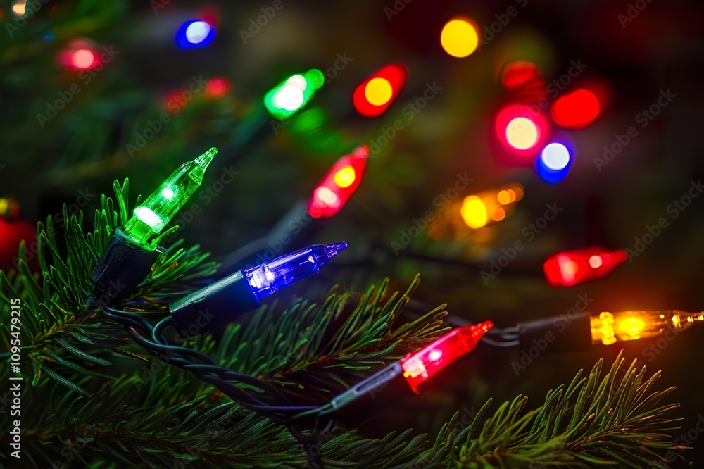 Poster a close-up view of colorful string lights intertwined with pine branches, capturing the essence of c