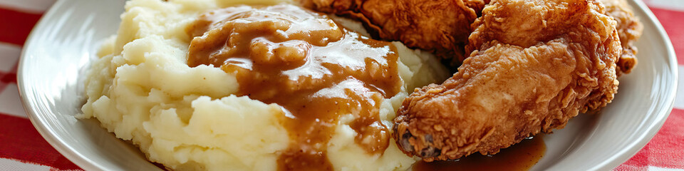 A heaping pile of mashed potatoes and gravy, resting next to crispy fried chicken on a checkered red-and-white tablecloth.