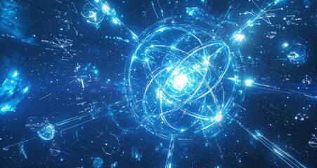 Futuristic depiction of atomic structure against a star-filled background