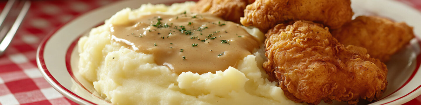 A heaping pile of mashed potatoes and gravy, resting next to crispy fried chicken on a checkered red-and-white tablecloth.