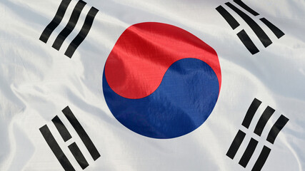 Close-up of the national flag of South Korea, fluttering in the wind with folds, wave pattern