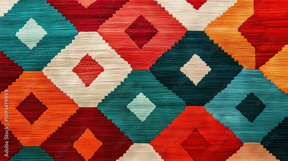 Poster close-up image of a multi-colored area rug featuring diamond patterns on both ends