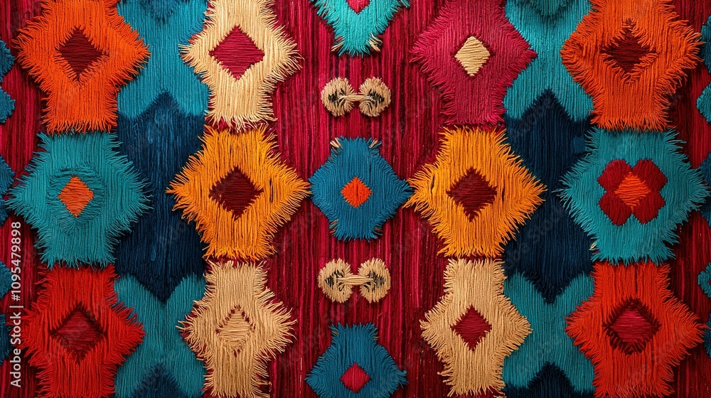 Poster a high-resolution image shows the intricate details of a colorful carpet featuring a square and rect