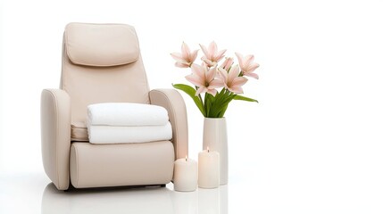 Isolated Light Beige Massage Chair with Soft Towels and Fresh Flowers on a White Background for Relaxation and Wellness