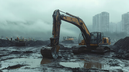 Fototapeta premium Heavy Excavator at a Muddy Construction Site with High-Rise Buildings in Foggy Urban Background