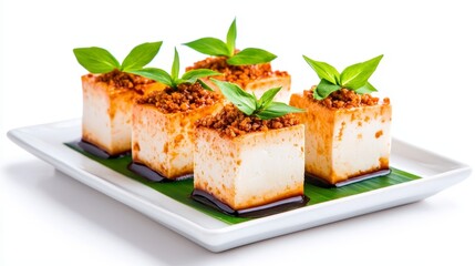 Freshly prepared tofu blocks garnished with herbs on a pristine white background, showcasing a delicious and appealing plant-based dish for culinary photography purposes.