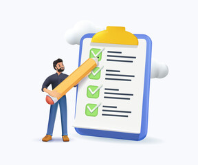 Businessman filling out the checkbox form. Man holding pencil and mark the document check boxes, management. Student takes the exam, education concept. Vector 3D illustration in realistic style