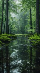 Fototapeta premium Serene forest stream reflecting lush greenery and mist.