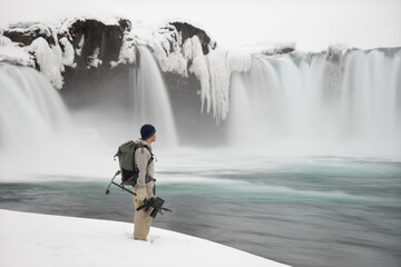 Obraz premium Cameraman standing next to beautiful iceland waterfall and pool