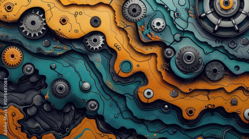 Poster abstract 3d rendering of teal and orange gears and cogs in a layered, organic pattern.