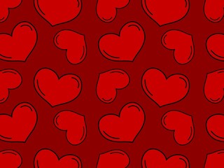 Repeating raster pattern with red flat hearts on a red background