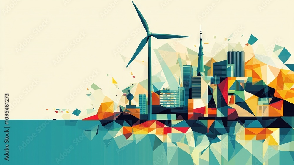 Poster a photo featuring a cityscape with a wind turbine centered and structures surrounding it on either s