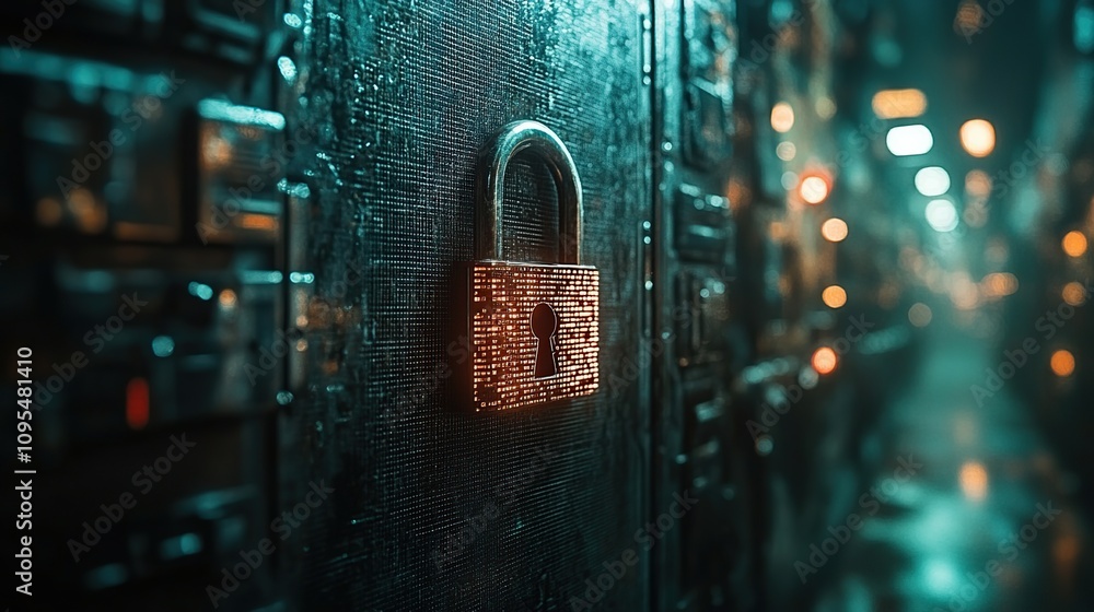 Poster cybersecurity: digital fortress, data protection, network security, a padlock of binary code