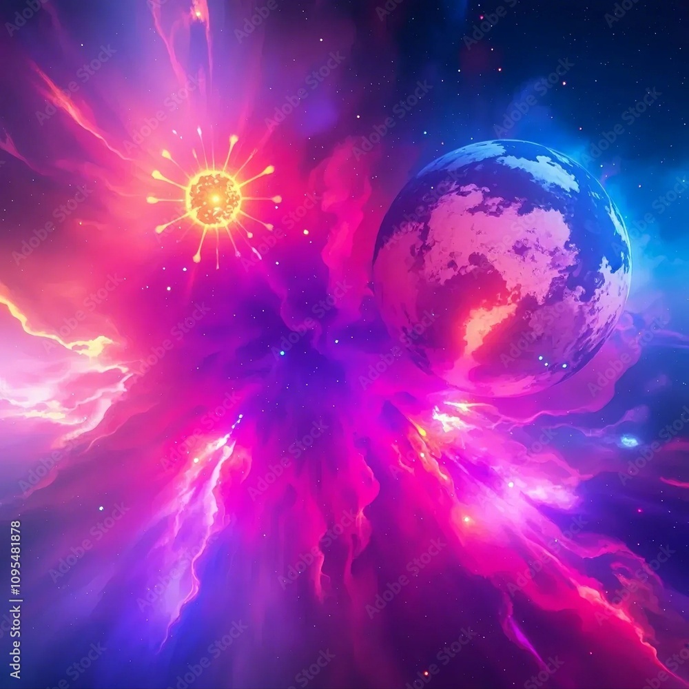 Wall mural a colorful space scene with a large planet and a small sun