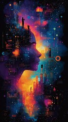 Fototapeta premium An energetic visual on youth mentorship, with vibrant tones of orange, purple, and turquoise. Include hands, guiding arrows, and icons of people, layered for a sense of connection and support