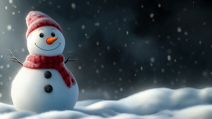 Snowman standing in the snow wearing a red scarf and red hat with snow falling over a dark background with empty area for text on right.