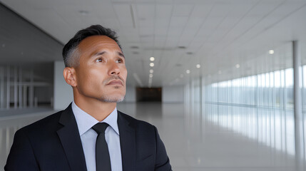 Fototapeta premium Asian Businessman in Luxurious Airport Lounge with Panoramic View