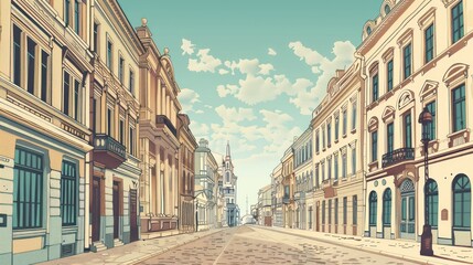Obraz premium Sunlit cobblestone street with vintage European buildings.